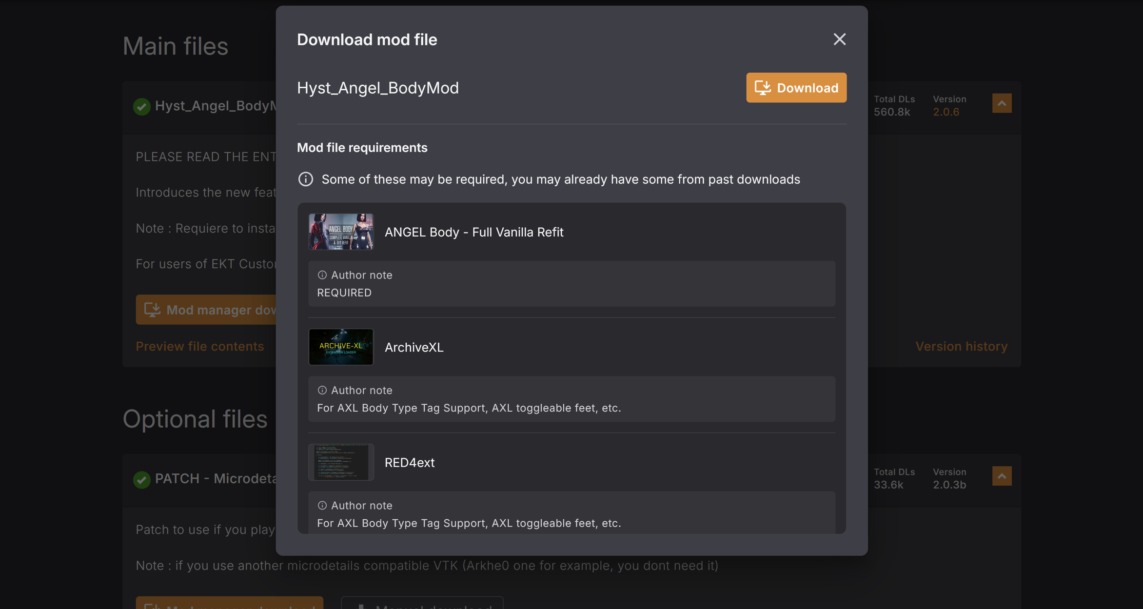 Downloading the ANGEL body mod file on Nexus, showing its own requirements