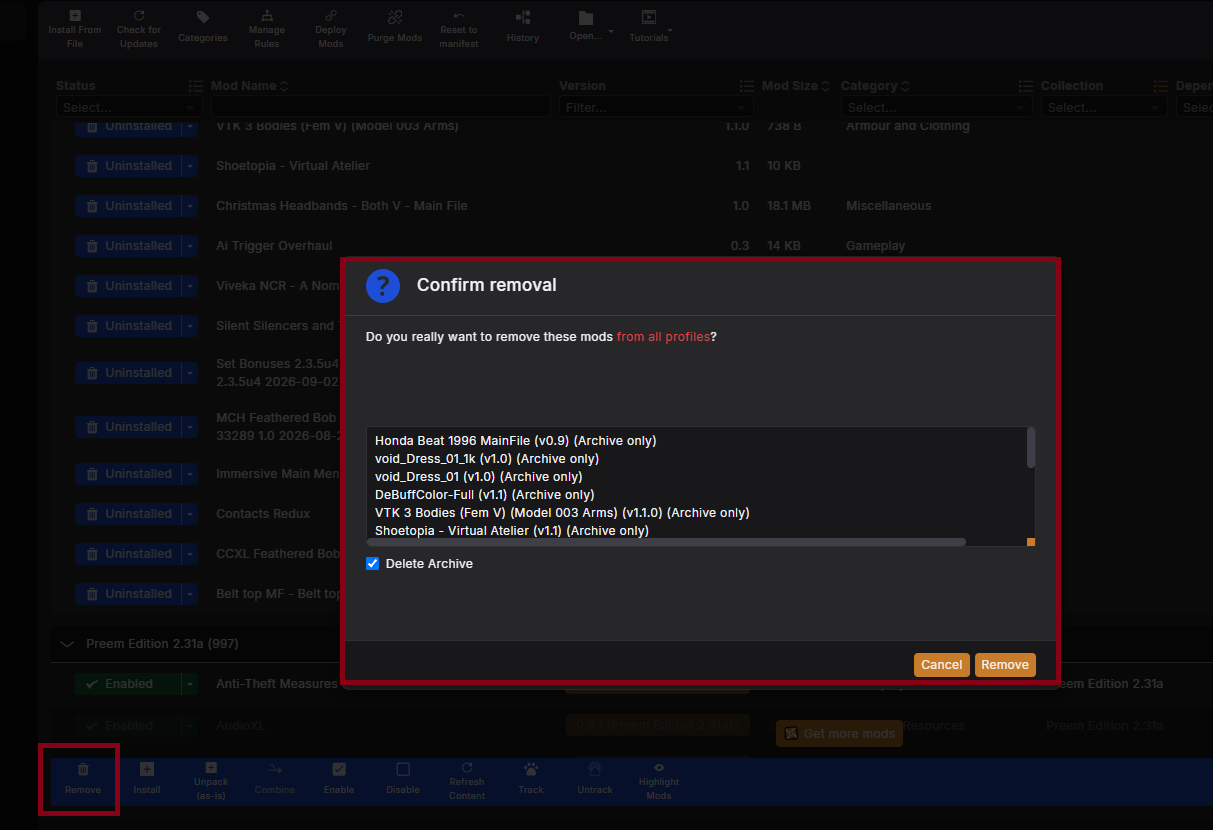 Personal mods listed after the update