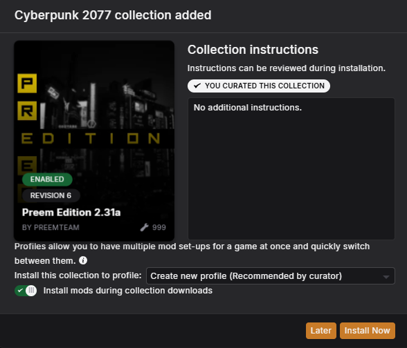 Selecting a new profile for the update