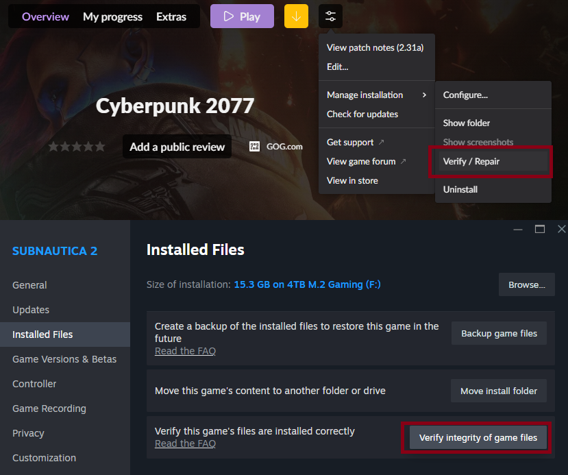 Verifying game files via the platform launcher
